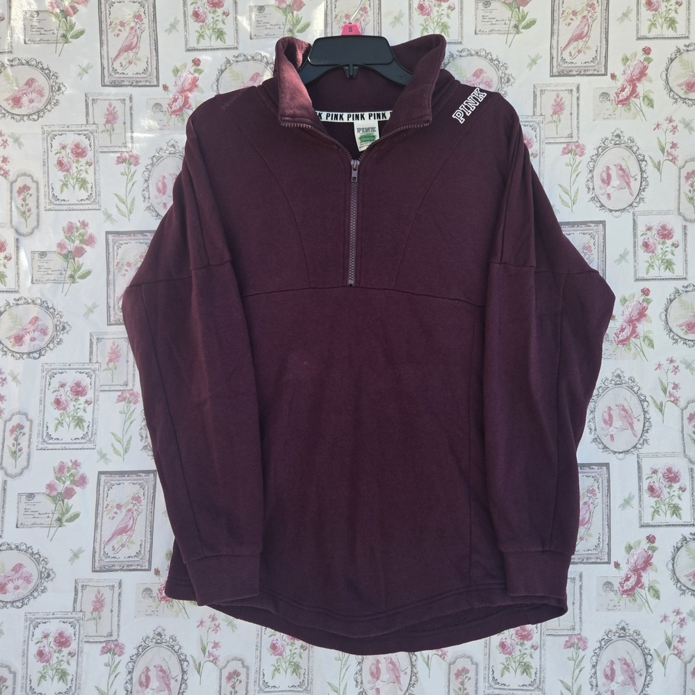Victoria's Secret PINK Women's Burgundy Oversized Half-Zip Pullover Sweatshirt S